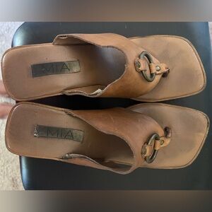 MIA Brown Leather Slide Sandals with Metal Ring Detail